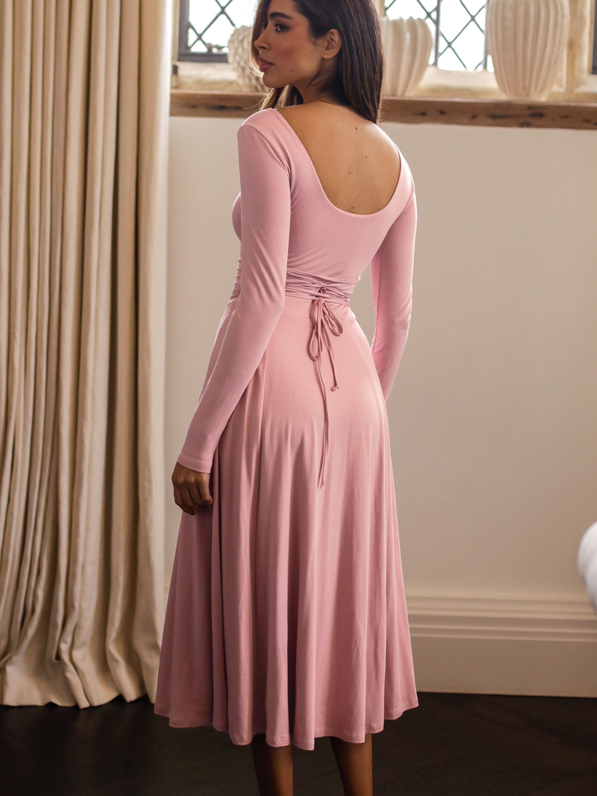 pink midi dress with sleeves